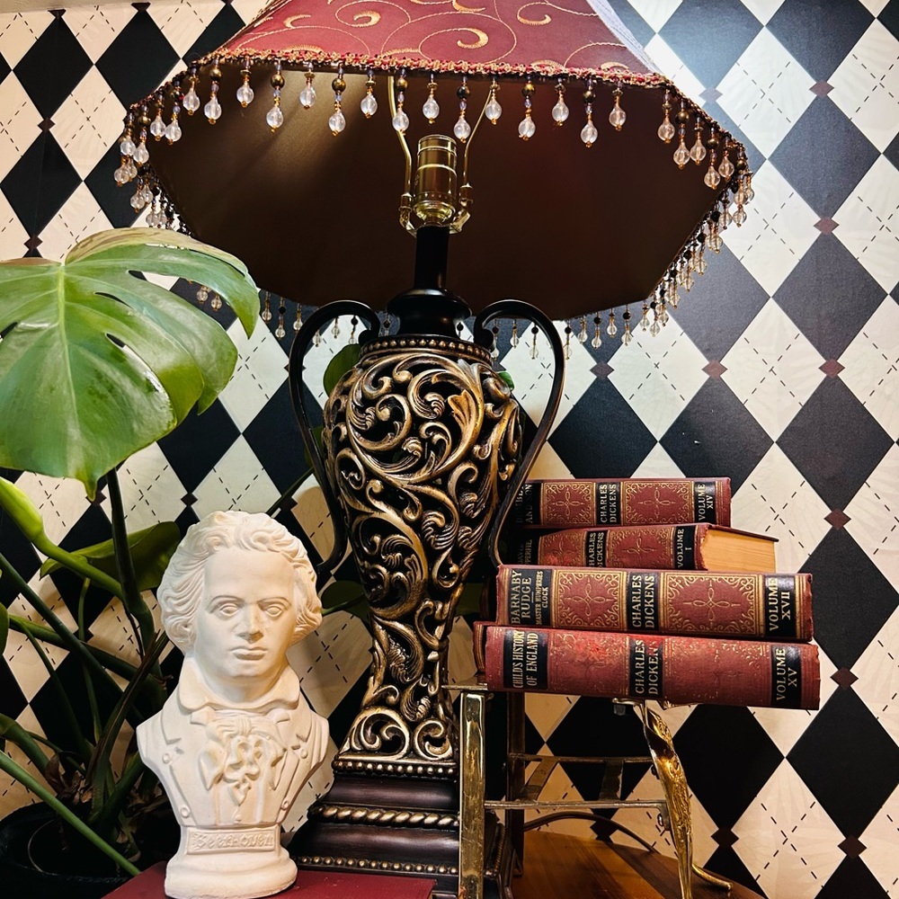 Luxury Vintage Black & Gold Table‎ Lamp with Deep Burgundy Shade| Moody Baroque